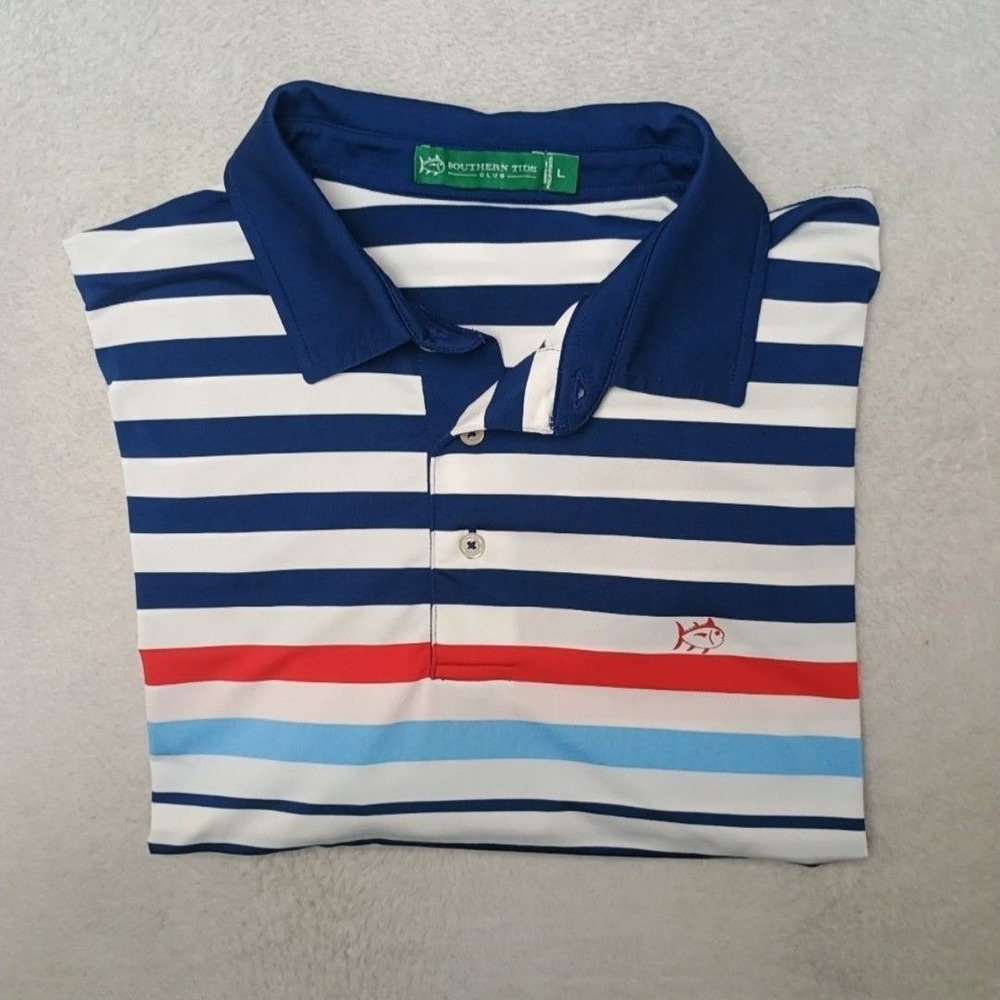 Southern Tide Polo Shirt Mens L White Striped Golf Moisture Wicking Stretch Work